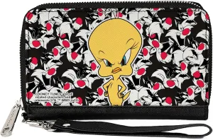 Buckle-Down Looney Tunes Wallet, Zip Around, Tweety Pose Sylvester the Cat Expressions Stacked Black White, Vegan Leather