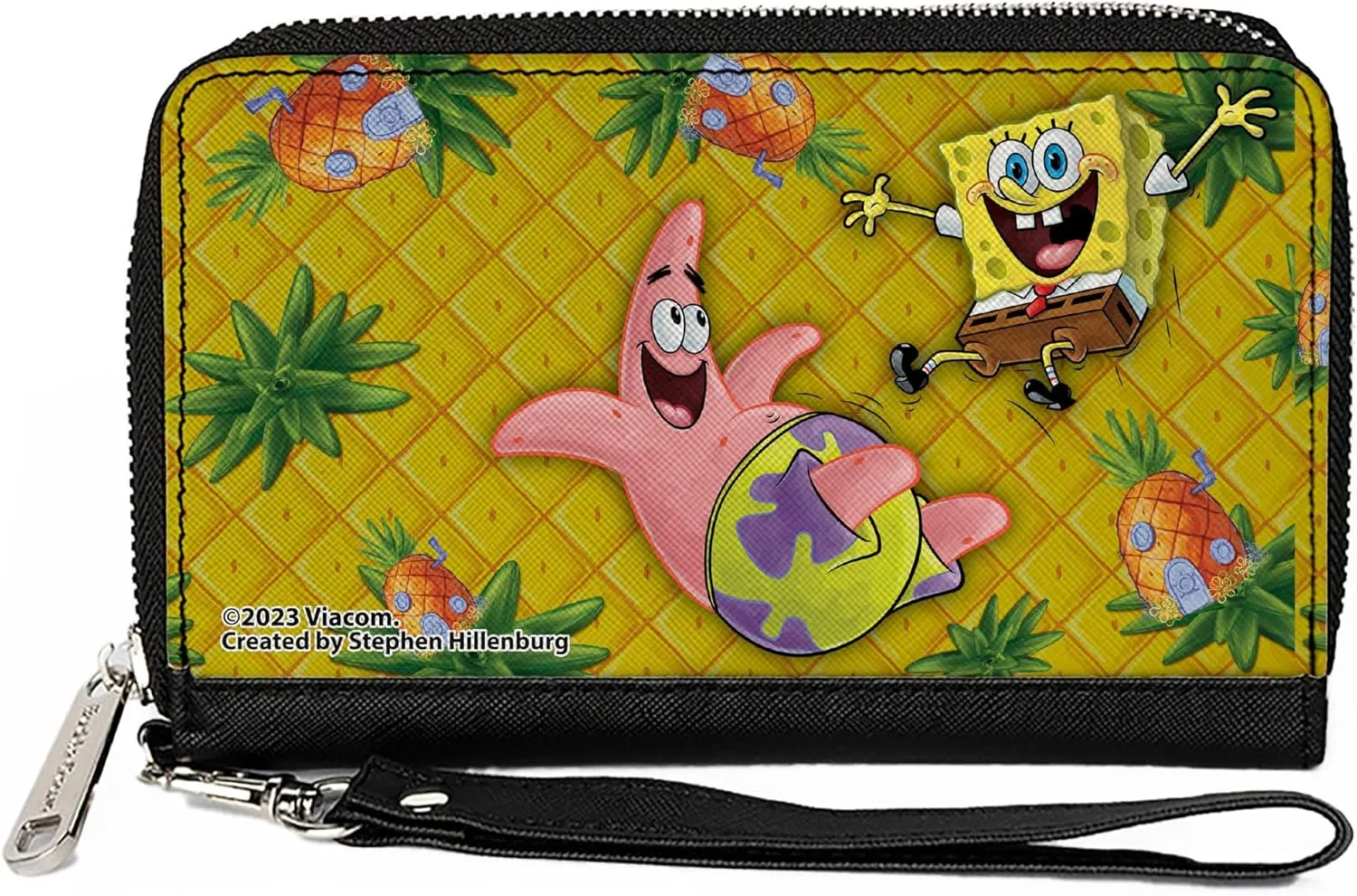 Buckle-Down Nickelodeon Wallet, Zip Around, SpongeBob and Patrick Star Pose Pineapple Gold, Vegan Leather