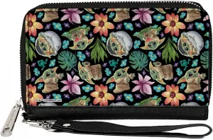 Buckle-Down Star Wars Wallet, Zip Around, Star Wars The Child Poses and Floral Collage Black Multi, Vegan Leather
