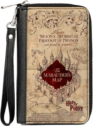 Buckle-Down The Wizarding World of Harry Potter Wallet, Zip Around, Hogwarts School The Marauders Map Tan Reds, Vegan Leather