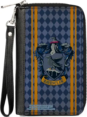 Buckle-Down The Wizarding World of Harry Potter Wallet, Zip Around, Ravenclaw Crest Stripes Diamonds Blues Gold, Vegan Leather