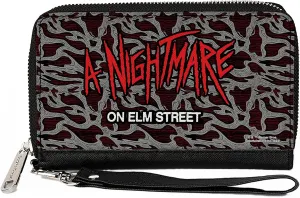 Buckle-Down Warner Bros. Horror Movies Wallet, Zip Around, A NIGHTMARE ON ELM STREET Scribble Freddy Melt Grays/Reds, Vegan Leather