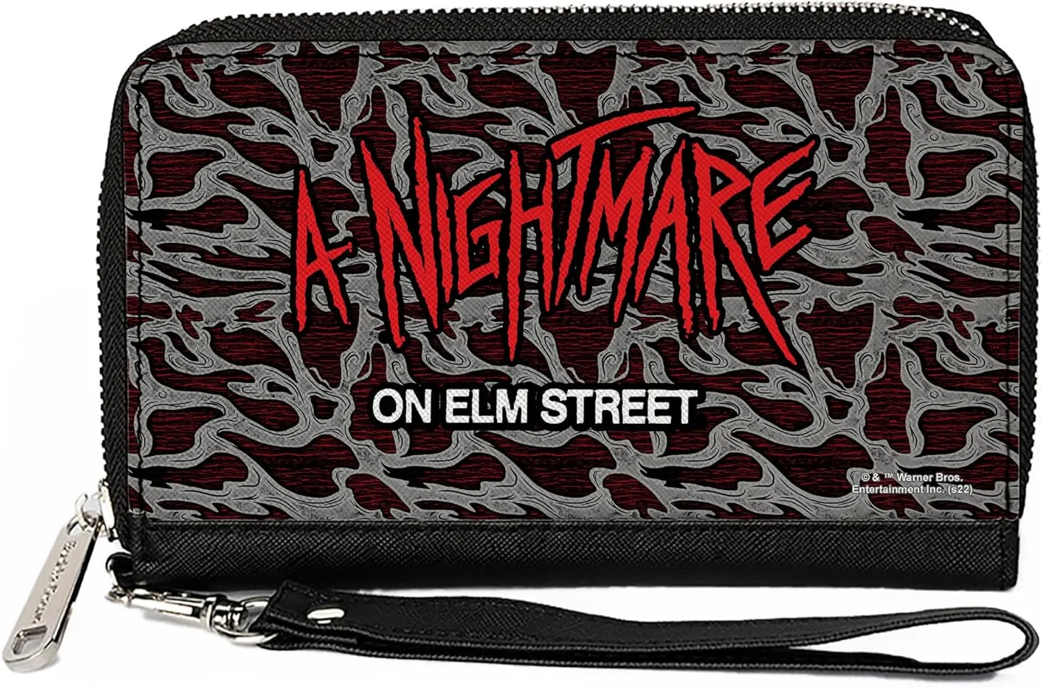 Buckle-Down Warner Bros. Horror Movies Wallet, Zip Around, A NIGHTMARE ON ELM STREET Scribble Freddy Melt Grays/Reds, Vegan Leather
