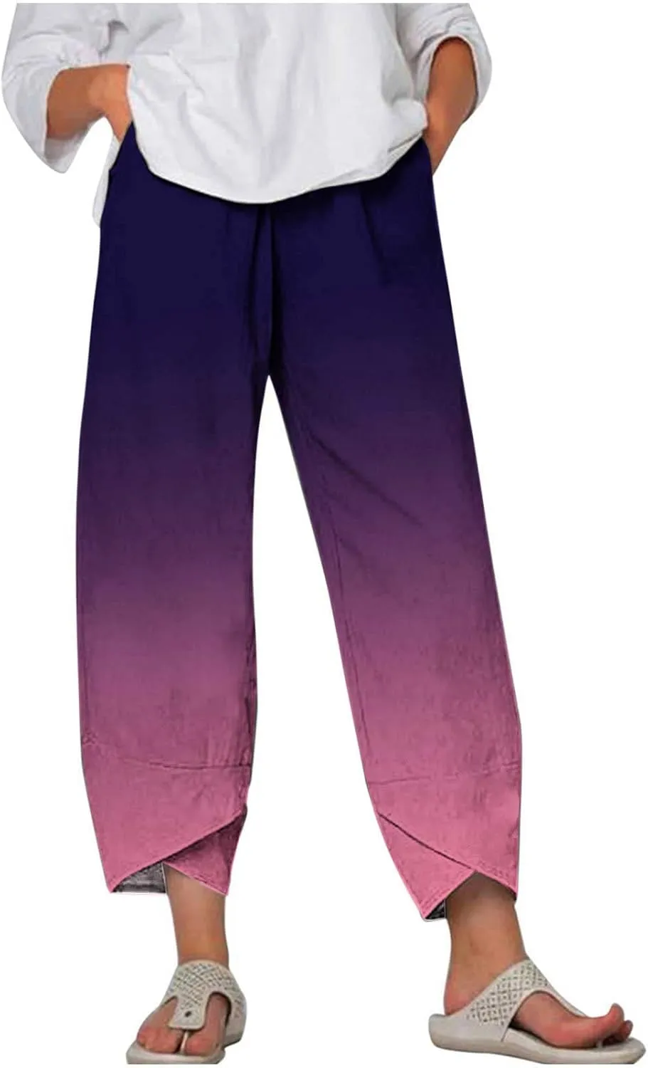 BZGTZT Capri Linen Pants for Women Lounge Pants High Waist Casual Gradient Summer Loose Fit Sweatpants Tapered Trousers