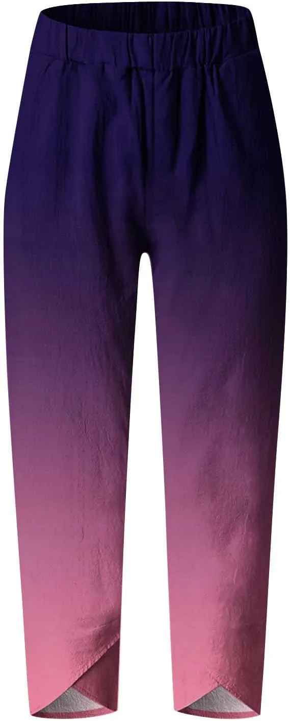 BZGTZT Capri Linen Pants for Women Lounge Pants High Waist Casual Gradient Summer Loose Fit Sweatpants Tapered Trousers