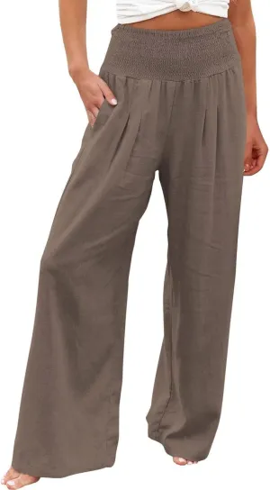 BZGTZT Wide Leg Pants for Women Summer Casual Smocked Elastic High Waisted Linen Pant Solid Loose Palazzo Pants Trousers
