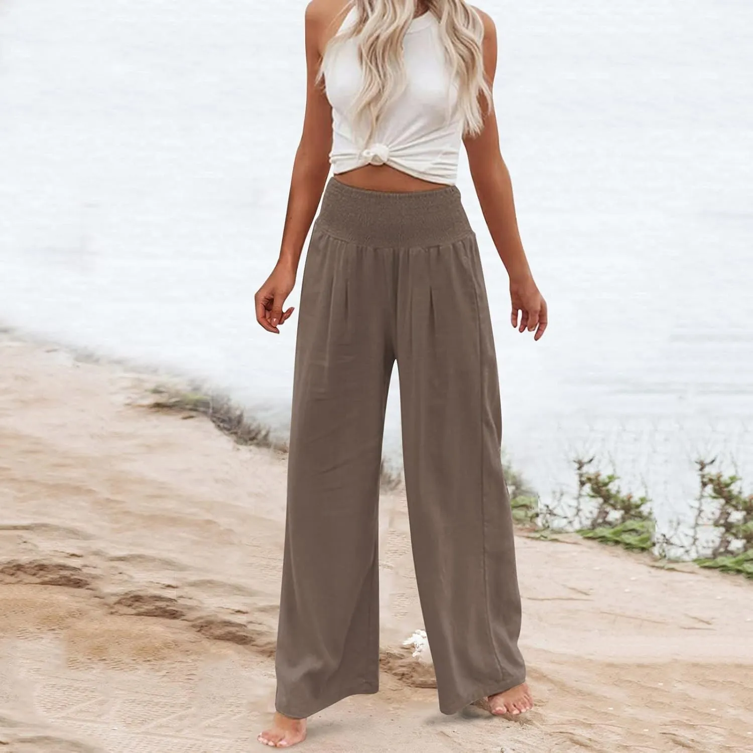 BZGTZT Wide Leg Pants for Women Summer Casual Smocked Elastic High Waisted Linen Pant Solid Loose Palazzo Pants Trousers