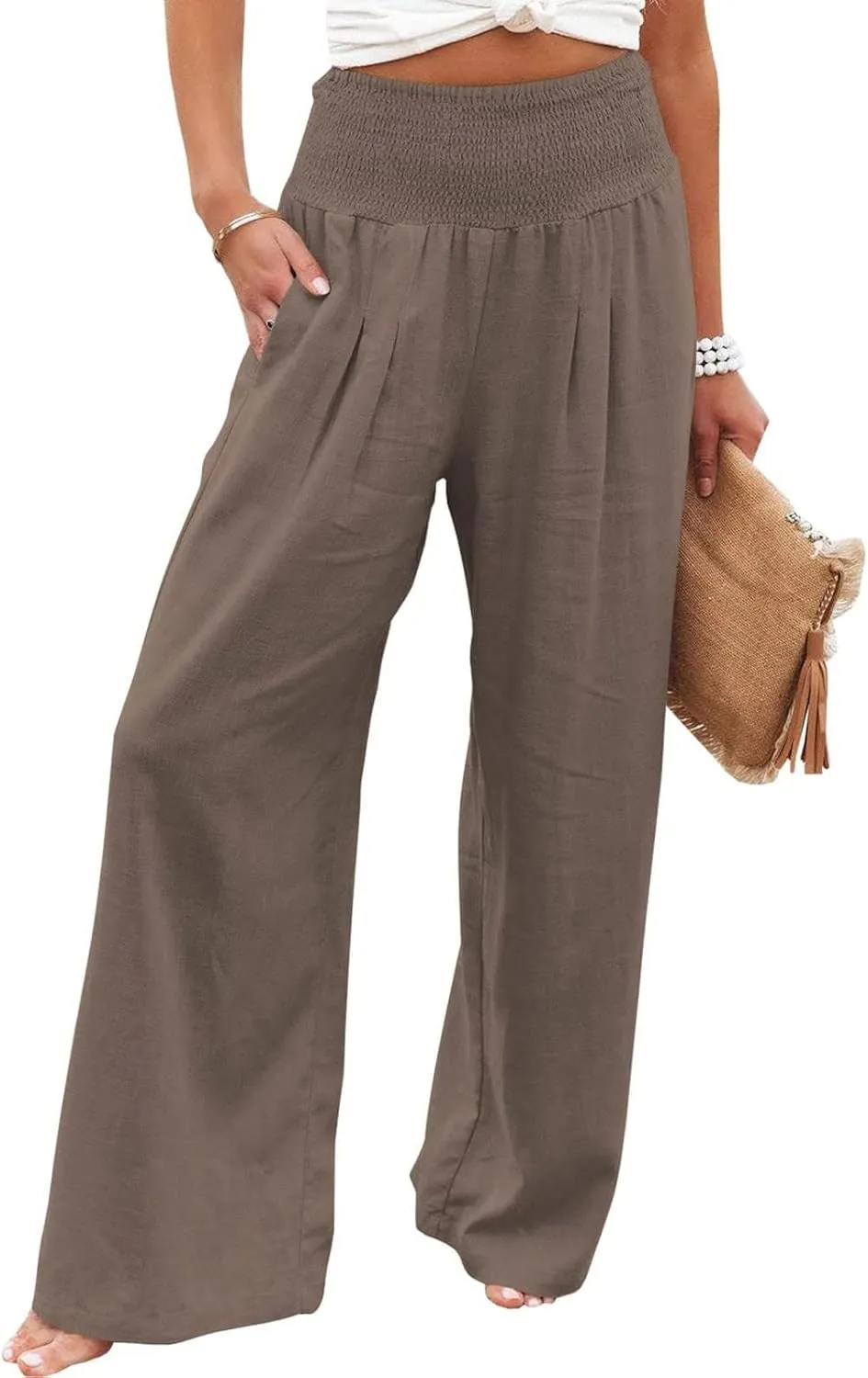 BZGTZT Wide Leg Pants for Women Summer Casual Smocked Elastic High Waisted Linen Pant Solid Loose Palazzo Pants Trousers