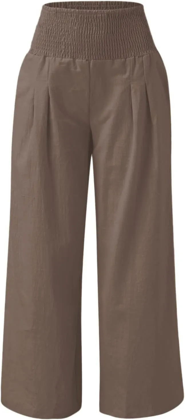 BZGTZT Wide Leg Pants for Women Summer Casual Smocked Elastic High Waisted Linen Pant Solid Loose Palazzo Pants Trousers
