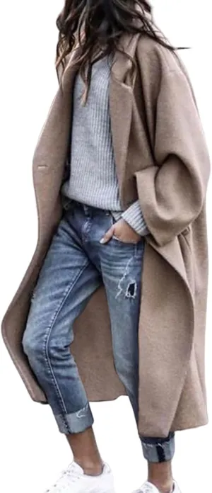 Canbebig Trench Coats for Women Oversized Button Down Long Jackets Lapel Wool Blend Coats Winter Overcoats with Pockets