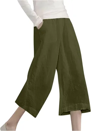 Capri Pants for Women Plus Size Trendy Elastic Waist Wide Leg Linen Pants Summer Beach Lighweight Cropped Trousers