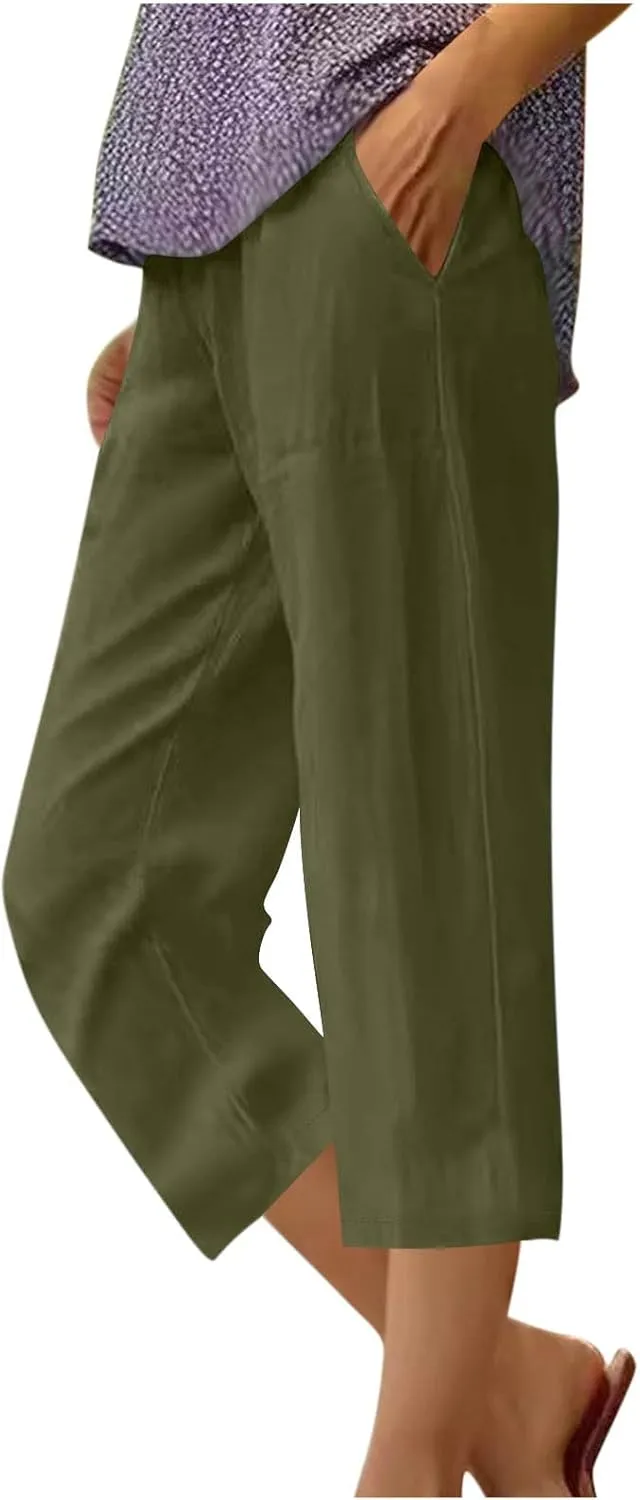 Capri Pants for Women Plus Size Trendy Elastic Waist Wide Leg Linen Pants Summer Beach Lighweight Cropped Trousers