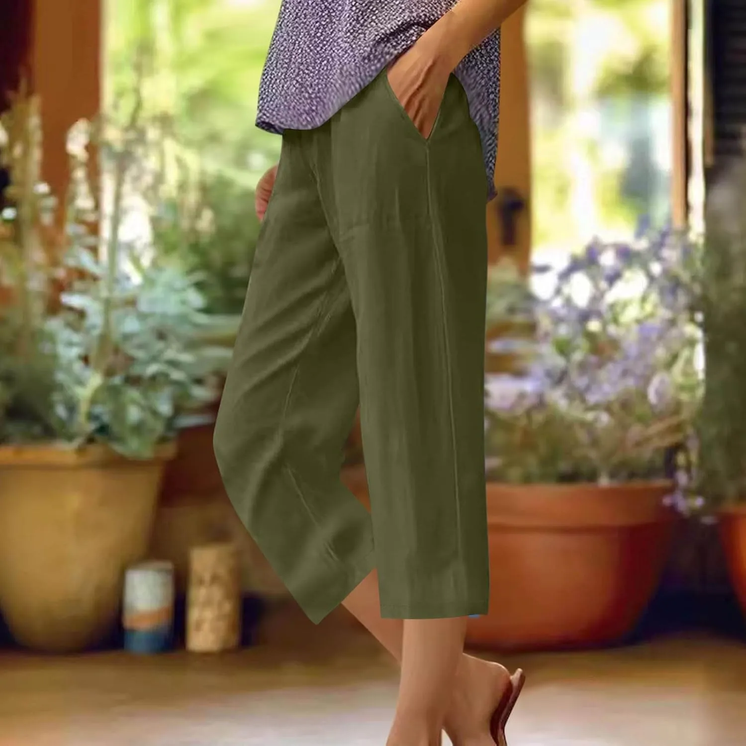 Capri Pants for Women Plus Size Trendy Elastic Waist Wide Leg Linen Pants Summer Beach Lighweight Cropped Trousers