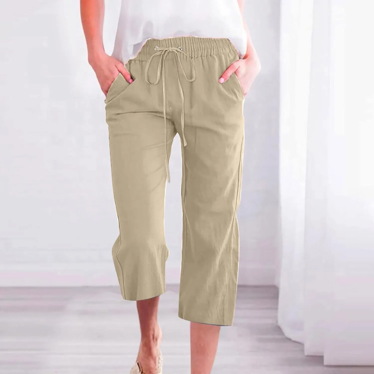Capris Pants for Women Cotton Linen Casual Summer 2025 Drawstring Elastic Waist Straight Cropped Trouser with Pockets