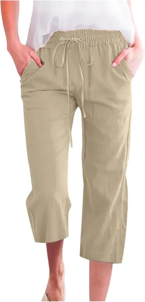 Capris Pants for Women Cotton Linen Casual Summer 2025 Drawstring Elastic Waist Straight Cropped Trouser with Pockets