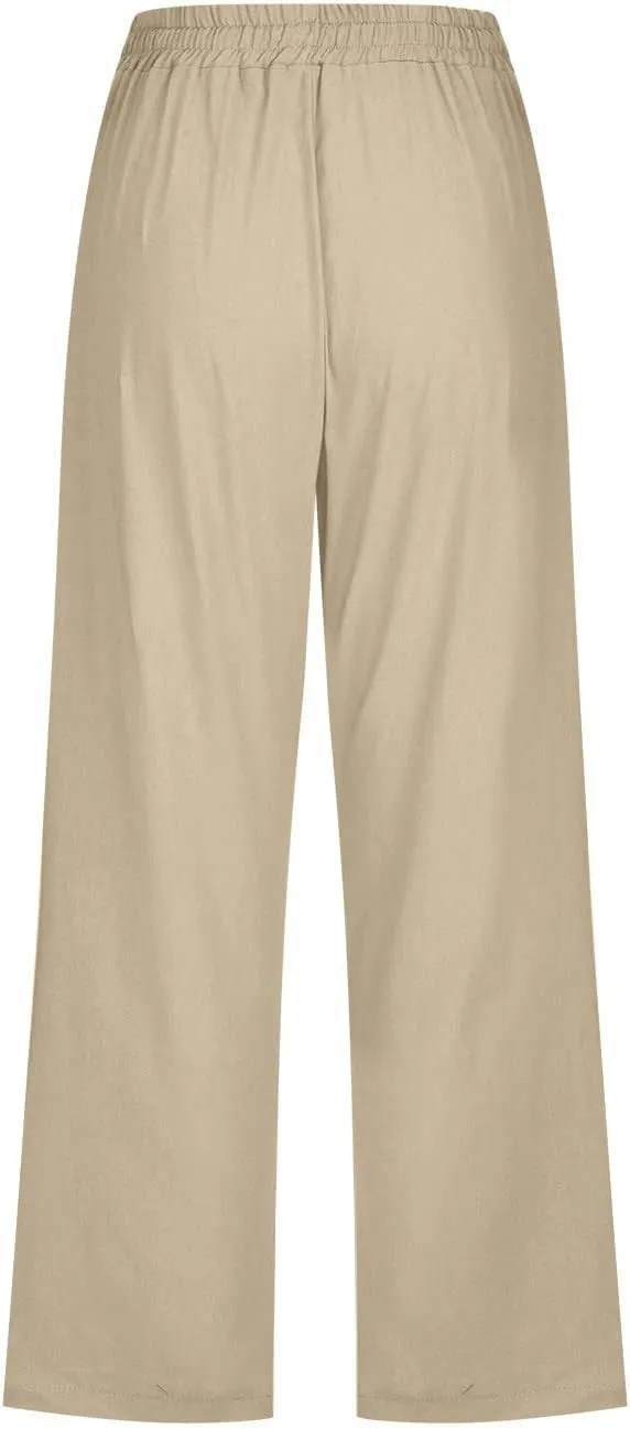 Capris Pants for Women Cotton Linen Casual Summer 2025 Drawstring Elastic Waist Straight Cropped Trouser with Pockets