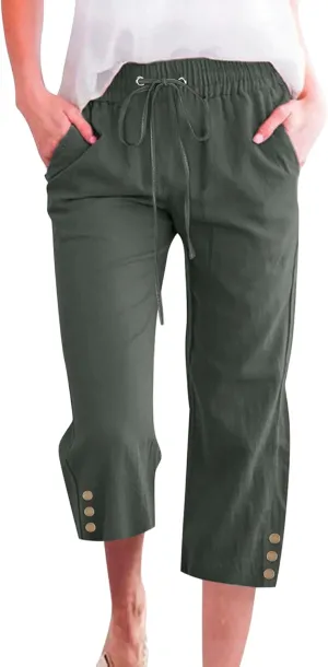 Capris Pants for Women High Waist Drawstring Comfy Casual Pants Lightweight Loose Trousers ButtonsTrim with Pocket