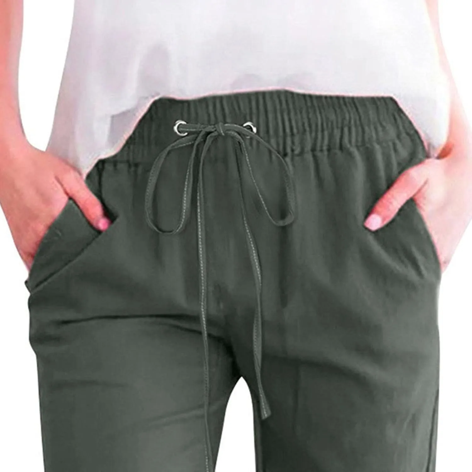 Capris Pants for Women High Waist Drawstring Comfy Casual Pants Lightweight Loose Trousers ButtonsTrim with Pocket