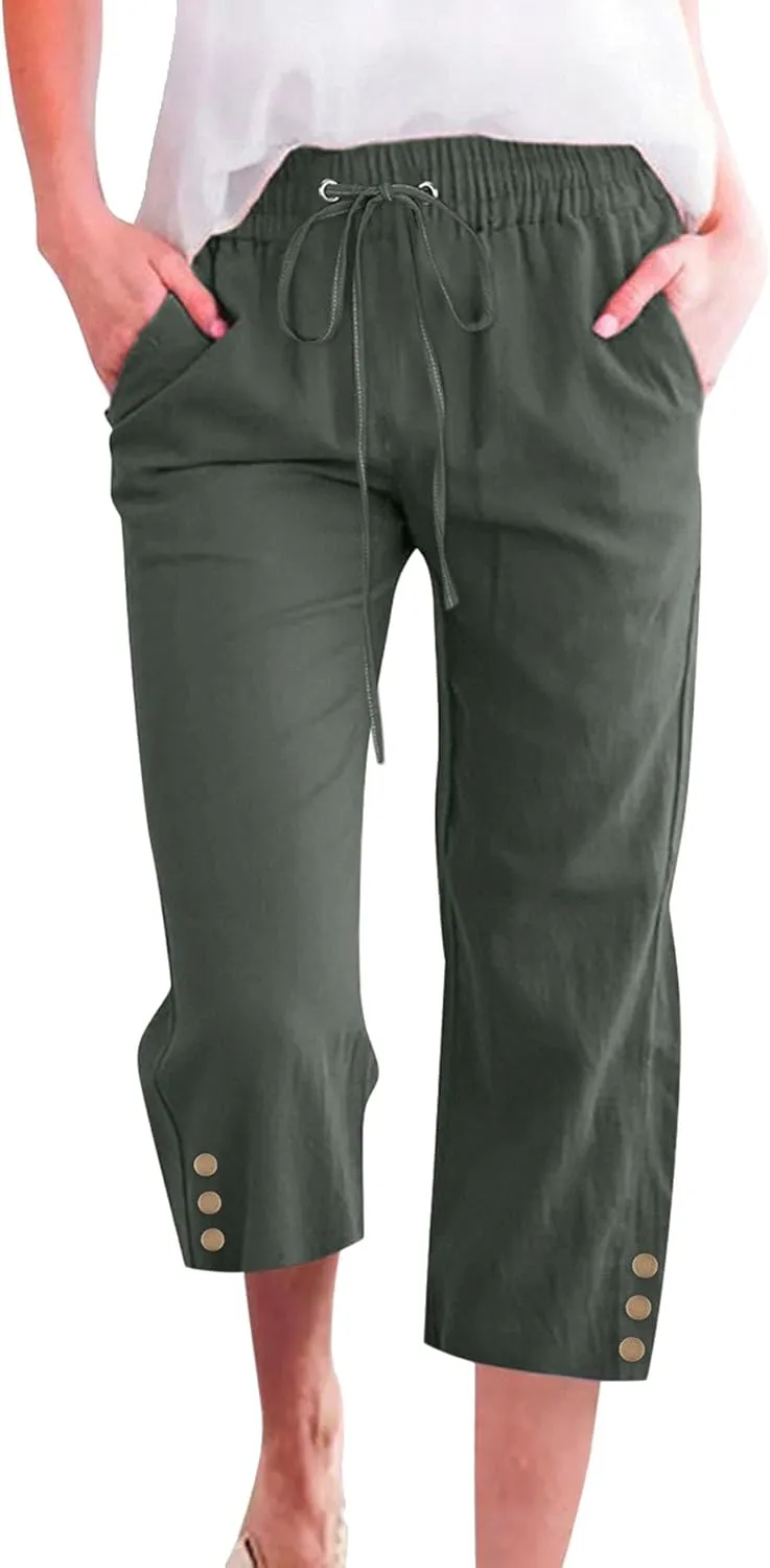 Capris Pants for Women High Waist Drawstring Comfy Casual Pants Lightweight Loose Trousers ButtonsTrim with Pocket