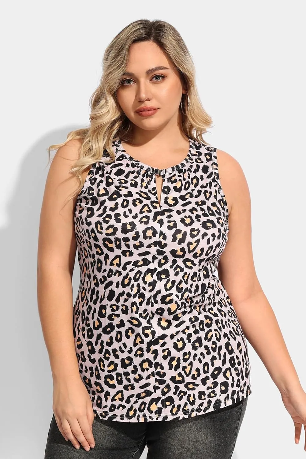 CARCOS Plus Size Tank Tops for Women Summer Pullover Color Block Sleeveless T Shirt Neck Basic Shirt XL-5XL
