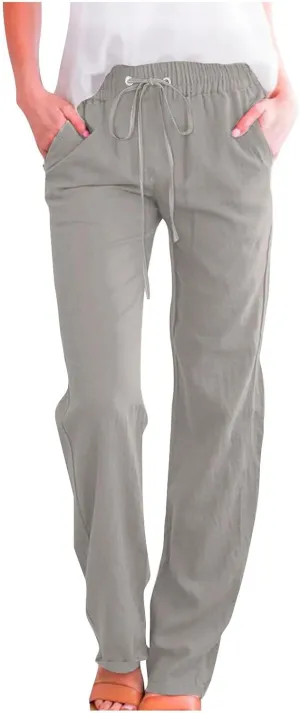 Casual Cotton Linen Pants for Women Lightweight Summer Drawstring Elastic Waist Pants Solid Lounge Long Trousers