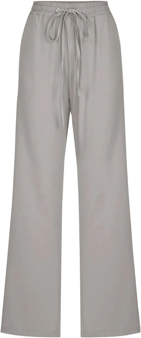Casual Cotton Linen Pants for Women Lightweight Summer Drawstring Elastic Waist Pants Solid Lounge Long Trousers