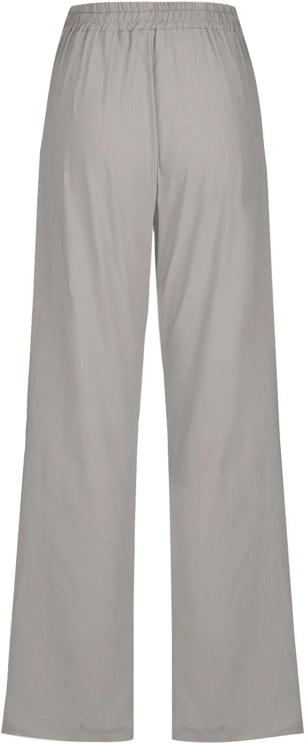 Casual Cotton Linen Pants for Women Lightweight Summer Drawstring Elastic Waist Pants Solid Lounge Long Trousers