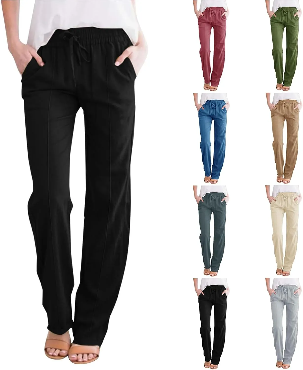 Casual Linen Pants Women Summer Trendy Drawstring Waist Plus Size Pants Lightweight Baggy Lounge Pants with Pockets