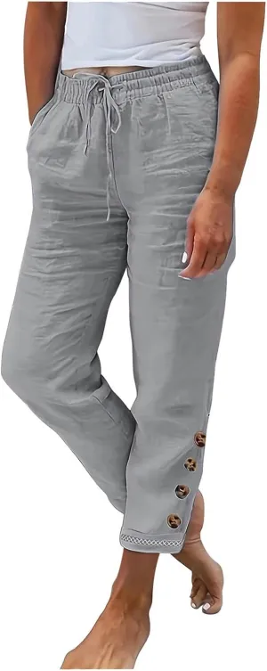 Casual Pants for Women Summer Cotton Linen Comfy Pants Drawstring Elastic Waist Buttons Decor Ankle Trousers