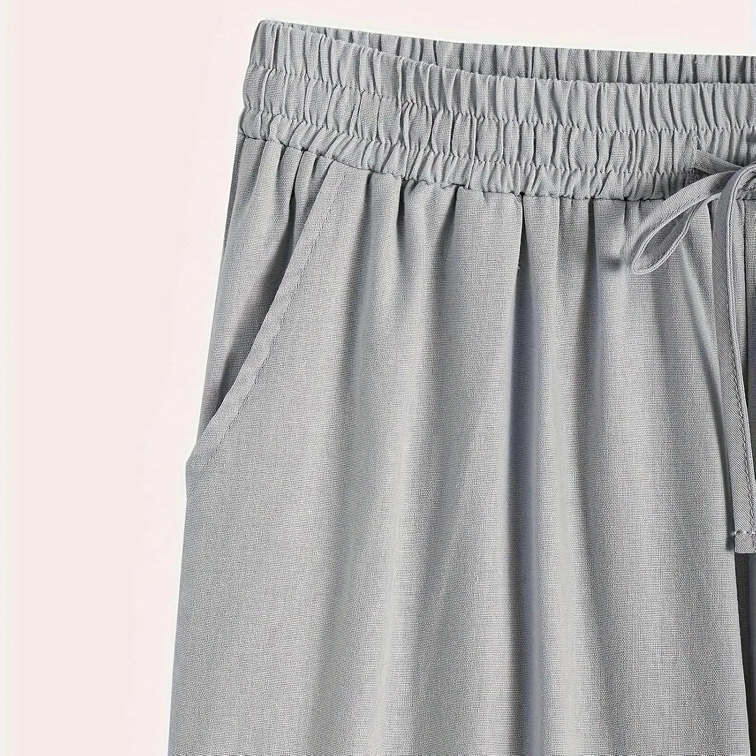 Casual Pants for Women Summer Cotton Linen Comfy Pants Drawstring Elastic Waist Buttons Decor Ankle Trousers
