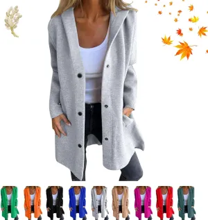 Casual Single Breasted Hooded Jacket for Autumn, Lightweight Lapel Long Sleeve Overcoat with Pocket for Women