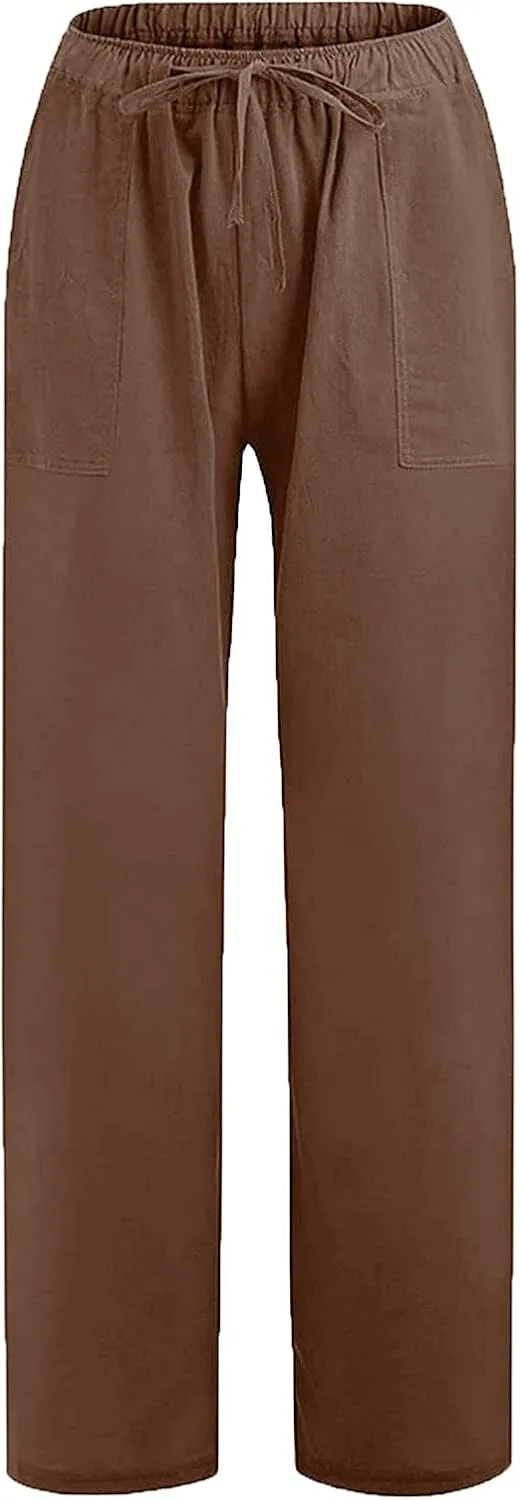 Ceboyel Women Cotton Linen Palazzo Pants Drawstring Straight Wide Leg Casual Baggy Gaucho Pants Summer Lounge Trousers