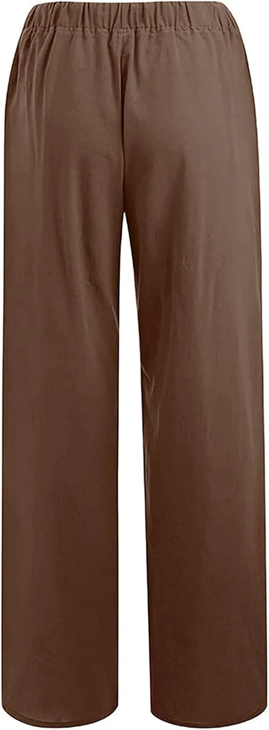 Ceboyel Women Cotton Linen Palazzo Pants Drawstring Straight Wide Leg Casual Baggy Gaucho Pants Summer Lounge Trousers