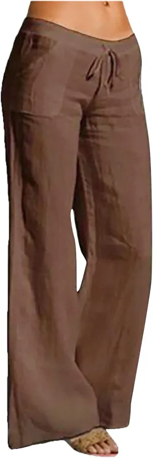 Ceboyel Women Cotton Linen Palazzo Pants Drawstring Straight Wide Leg Casual Baggy Gaucho Pants Summer Lounge Trousers