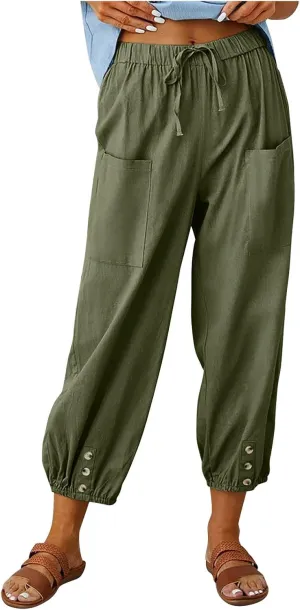 Ceboyel Womens Drawstring Linen Pants High Waist Boho Pant Summer Casual Trousers Dressy Casual Beach Outfits 2023