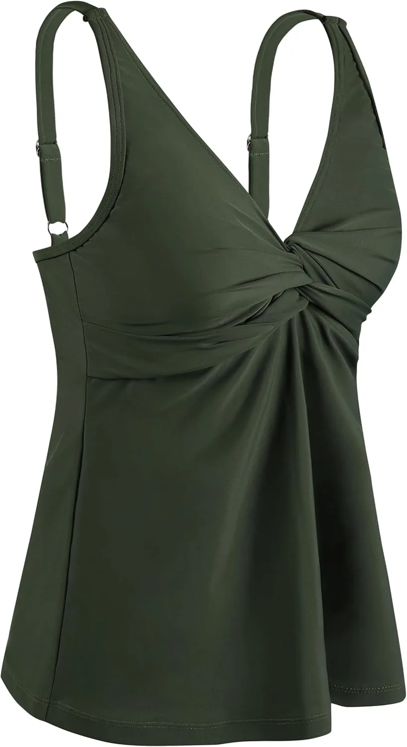 coastal rose Women's Underwire Tankini Top Twist Front V Neck Push Up Swimsuit Top Flowy Bathing Suit Tops Only