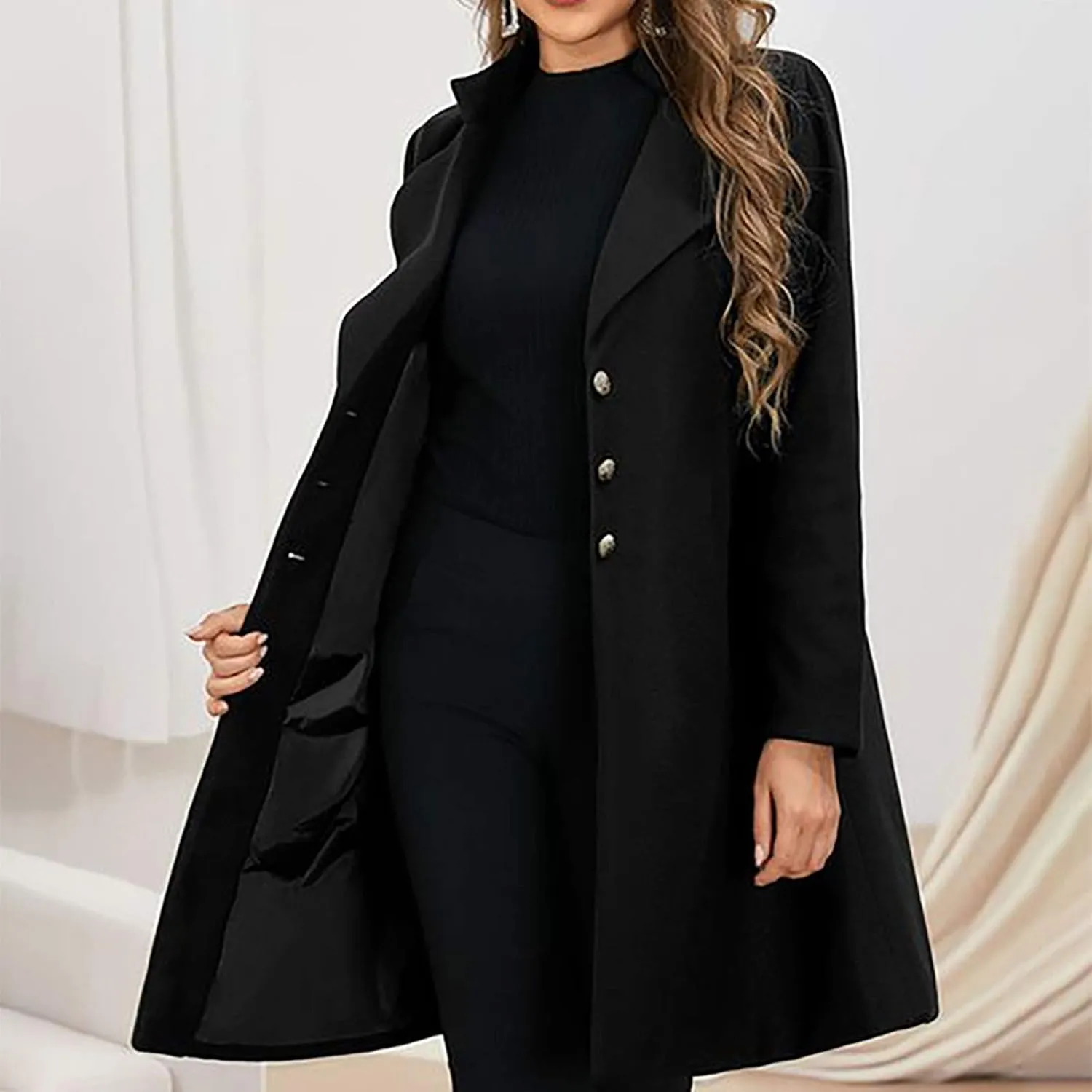 Coats for Women Double-Breasted Trench Coat Long Casual Slim Fit Outerwear Classic Lapel Solid Overcoat 2024