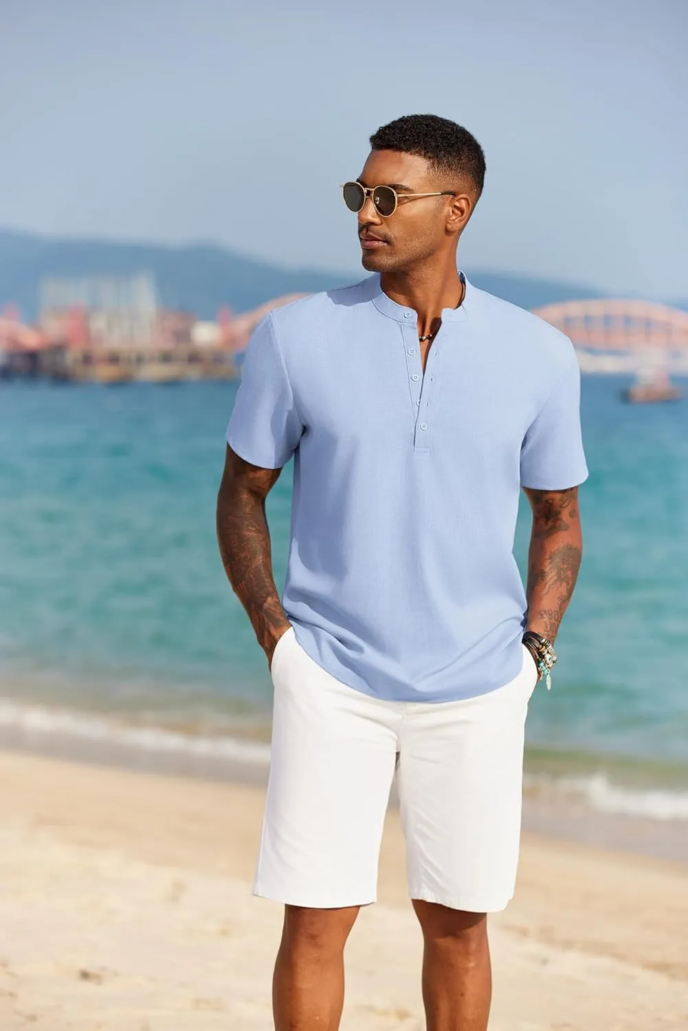 COOFANDY Men's Short Sleeve Henley Shirts Casual Collarless Shirt Band Collar Henley Summer Beach Henley T-Shirt