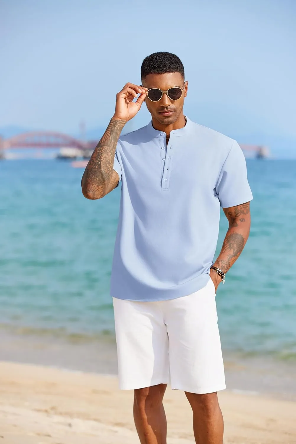 COOFANDY Men's Short Sleeve Henley Shirts Casual Collarless Shirt Band Collar Henley Summer Beach Henley T-Shirt