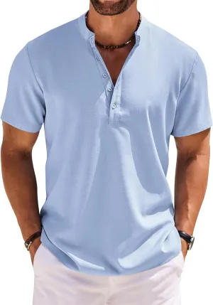 COOFANDY Men's Short Sleeve Henley Shirts Casual Collarless Shirt Band Collar Henley Summer Beach Henley T-Shirt