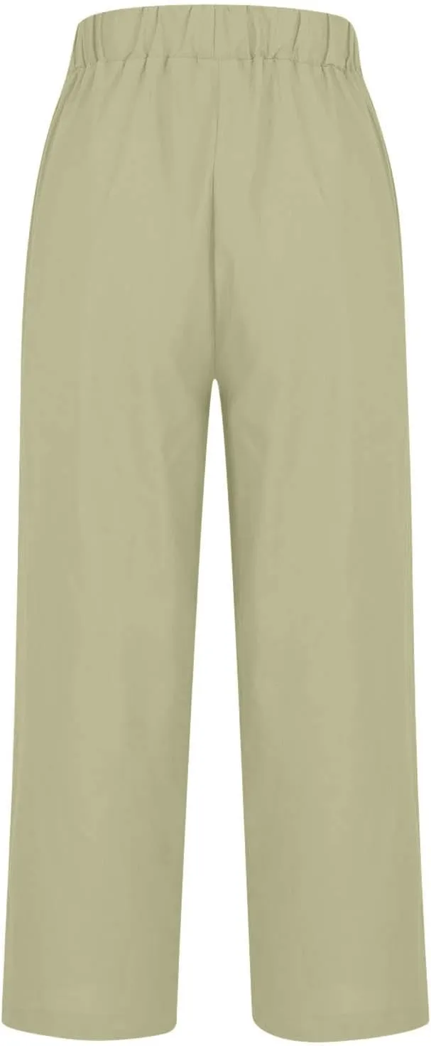 Cotton Linen Pants for Women Summer Lightweight Casual Cropped Pants Loose Fit Comfy Beach Trousers with Pockets