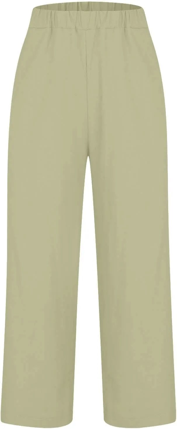 Cotton Linen Pants for Women Summer Lightweight Casual Cropped Pants Loose Fit Comfy Beach Trousers with Pockets