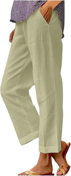 Cotton Linen Pants for Women Summer Lightweight Casual Cropped Pants Loose Fit Comfy Beach Trousers with Pockets