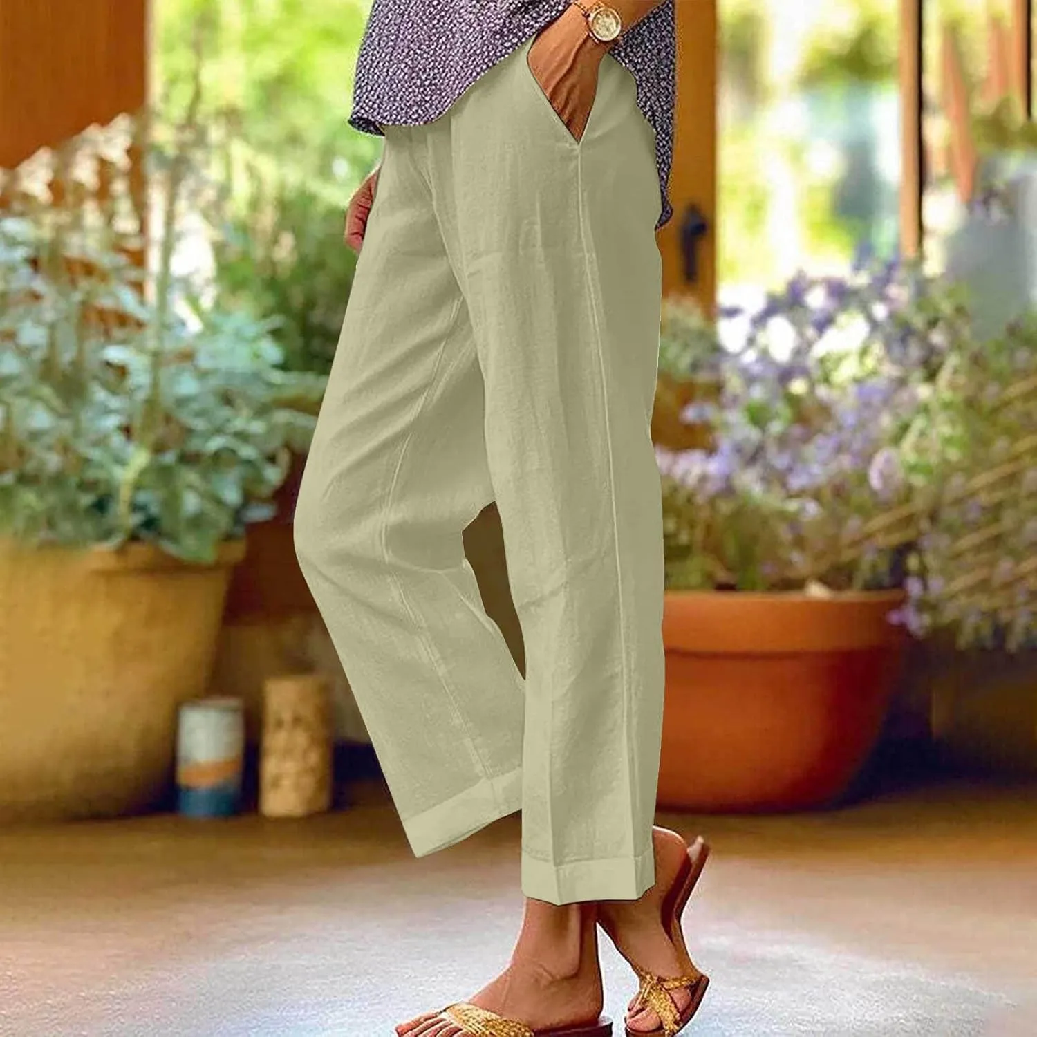 Cotton Linen Pants for Women Summer Lightweight Casual Cropped Pants Loose Fit Comfy Beach Trousers with Pockets