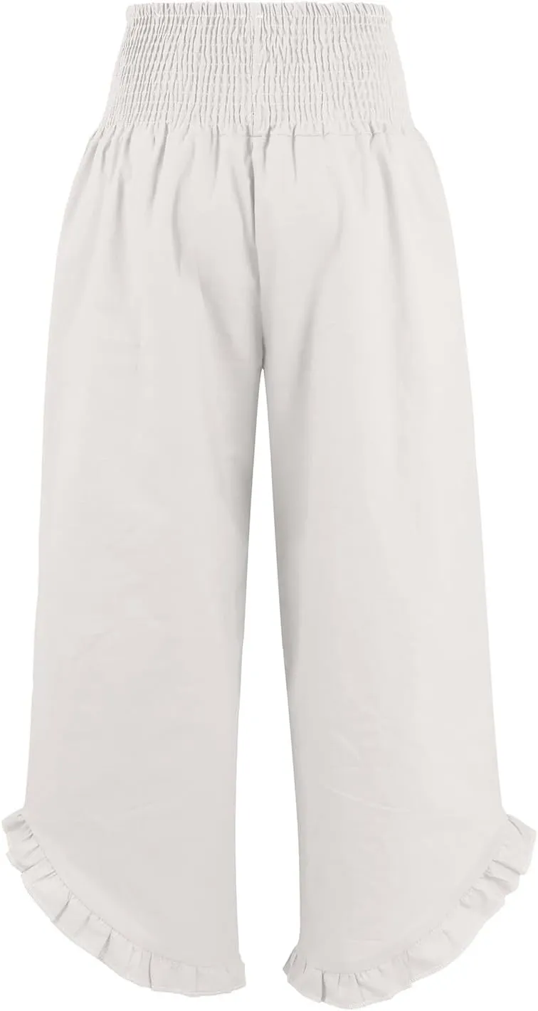 Cotton Linen Pants Women Casual Summer Pleated Elastic Waist Palazzo Pants Wide Leg Ruffle Boho Flowy Beach Trousers