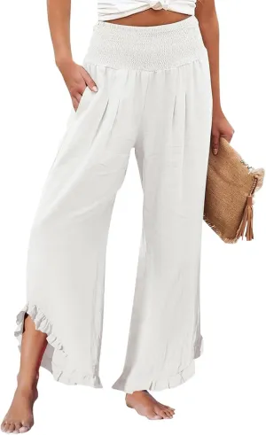 Cotton Linen Pants Women Casual Summer Pleated Elastic Waist Palazzo Pants Wide Leg Ruffle Boho Flowy Beach Trousers