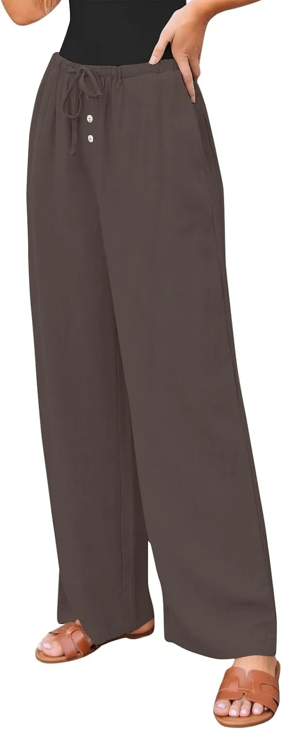 Cotton Linen Pants Women Summer Casual Loose Beach Pants Drawstring Flowy Wide Leg Palazzo Trousers with Pockets