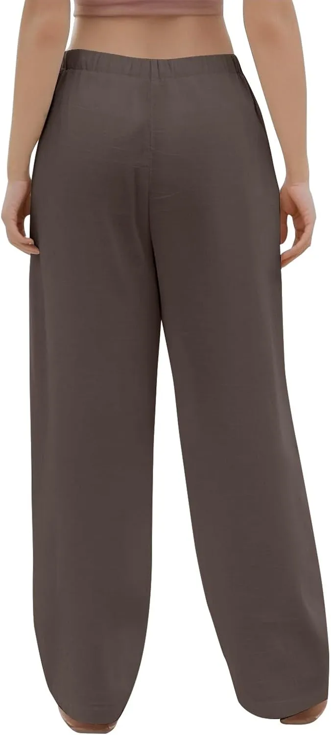 Cotton Linen Pants Women Summer Casual Loose Beach Pants Drawstring Flowy Wide Leg Palazzo Trousers with Pockets