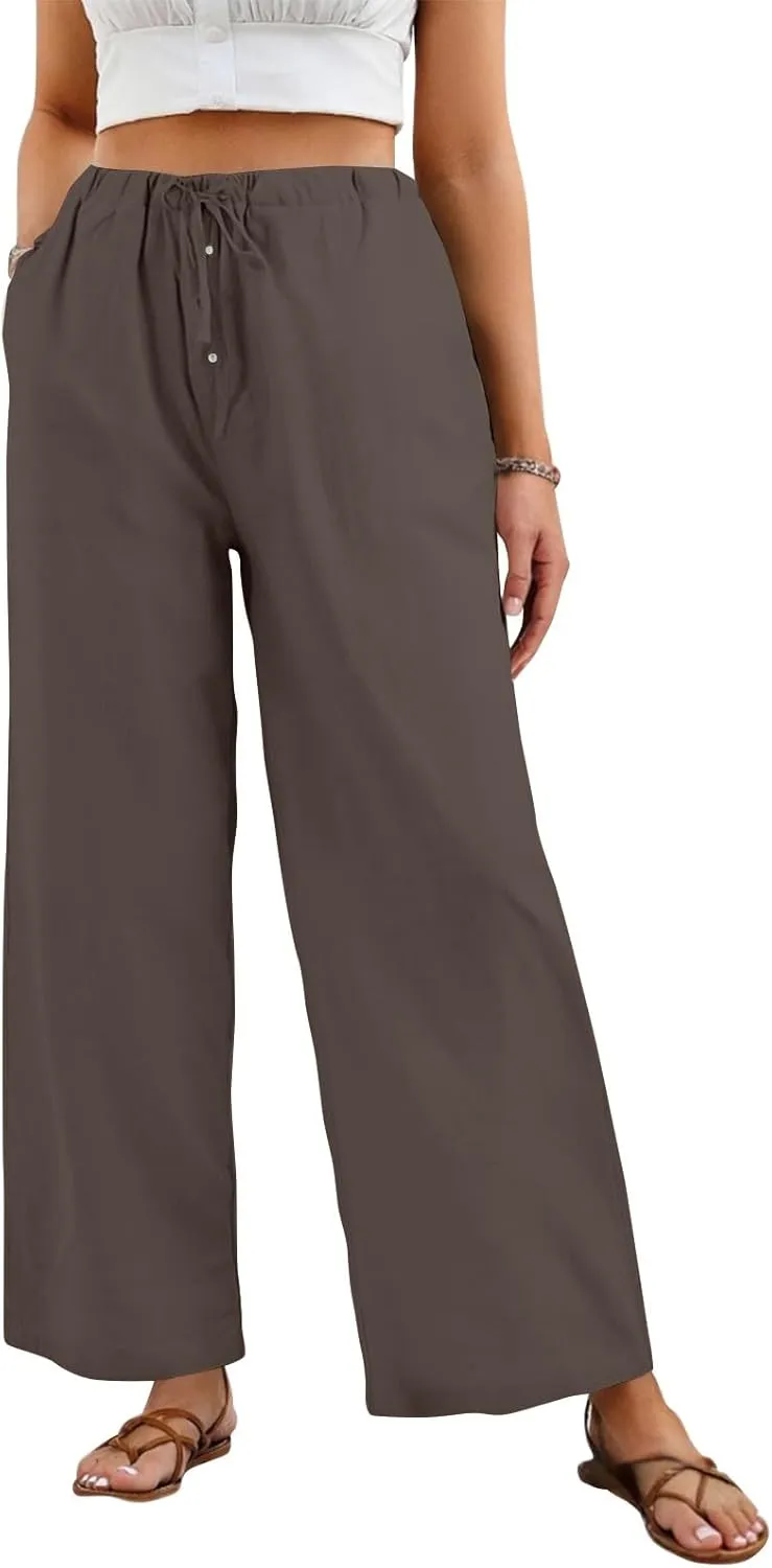 Cotton Linen Pants Women Summer Casual Loose Beach Pants Drawstring Flowy Wide Leg Palazzo Trousers with Pockets