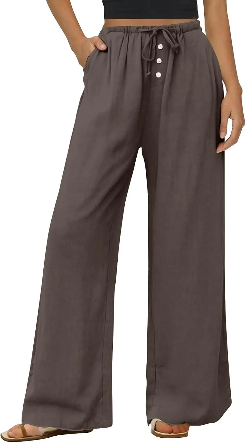 Cotton Linen Pants Women Summer Casual Loose Beach Pants Drawstring Flowy Wide Leg Palazzo Trousers with Pockets